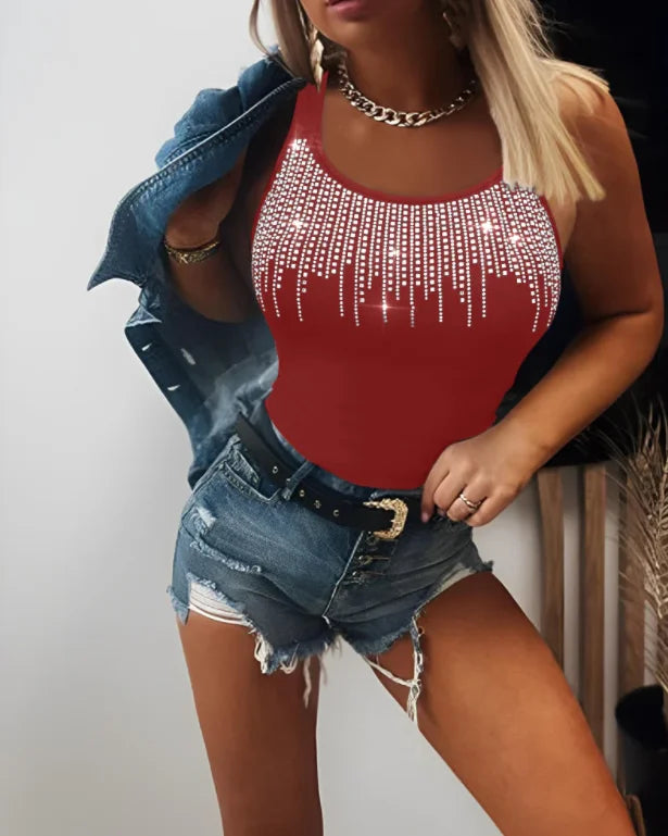 High Stretch Rhinestone Round Neck Tank Top for Women
