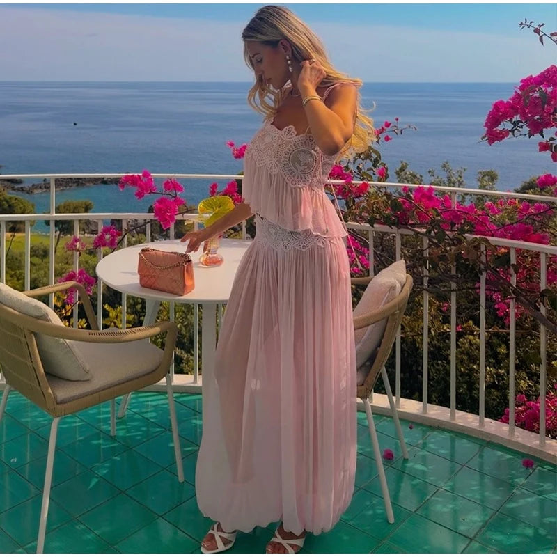Elegant Hollow Out Lace Two Piece Summer Outfit For Women