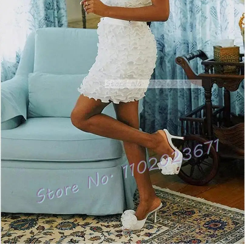 Satin Floral Open Toe Mules With Pearl Trim For Women