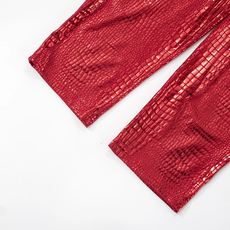 Snake Print High Waisted Faux Leather Knee Length Pants for Women