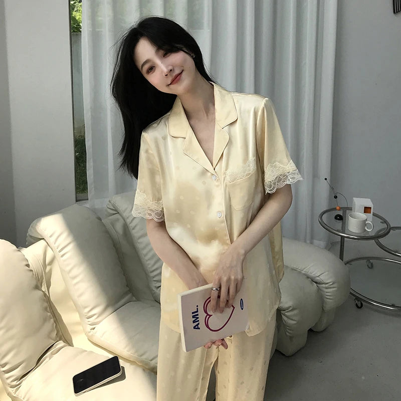 Y2k Pink Sweet Dot Lace Jacquard Women Pajamas French Romantic Lazy Lady Nightgown 2024 New Summer Korean Harajuku Home 2pc Set