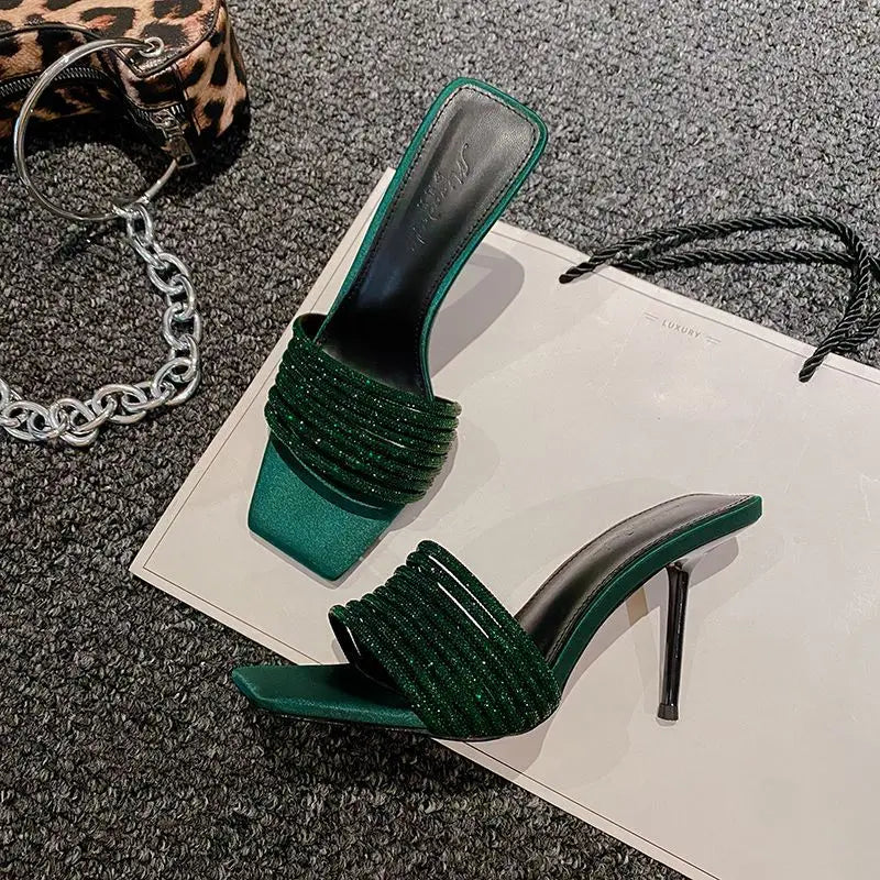 Dark Green Satin Rhinestone Square Toe Slide Sandals for Women