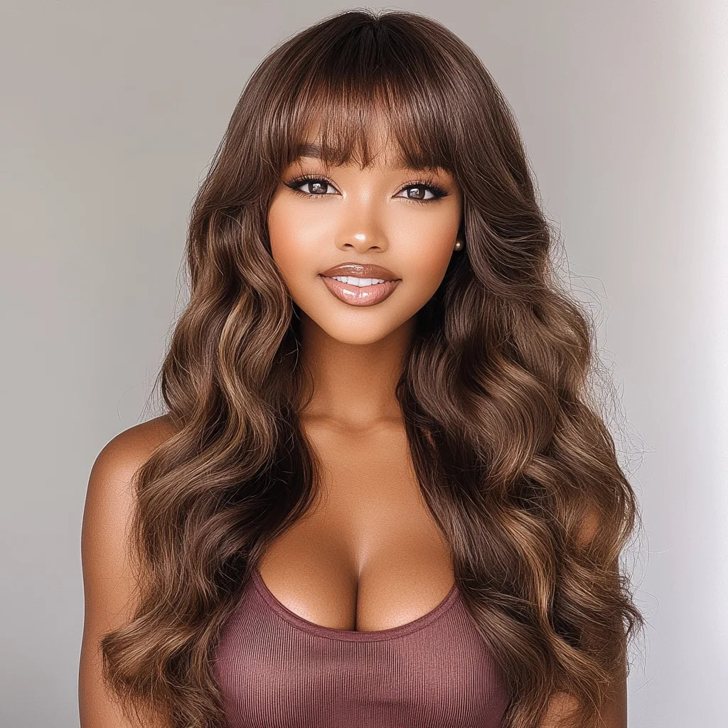 Brown Highlight Body Wave Human Hair Wig With Bangs For Women