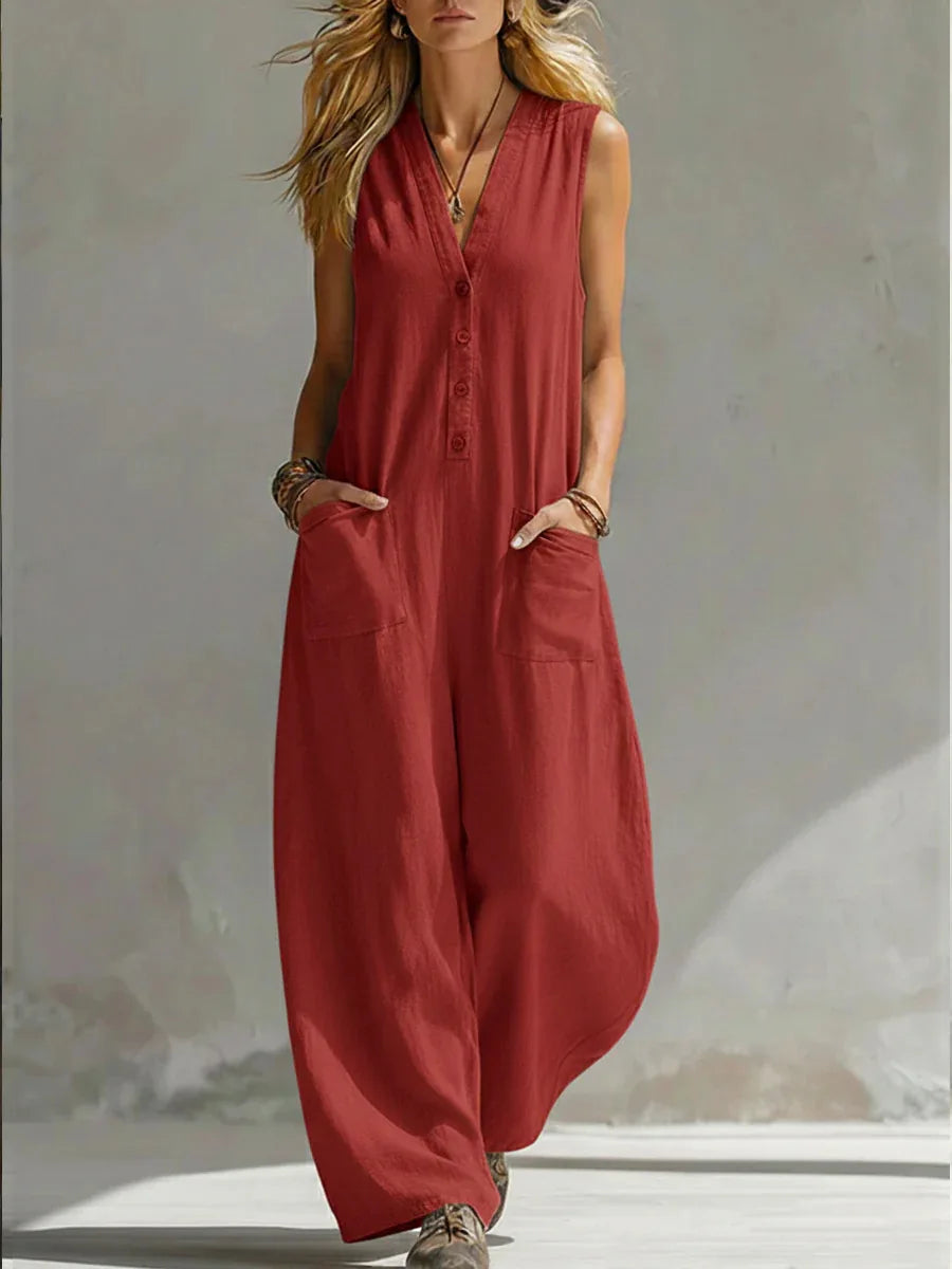 Sleeveless V Neck Loose Wide Leg Casual Jumpsuit For Women