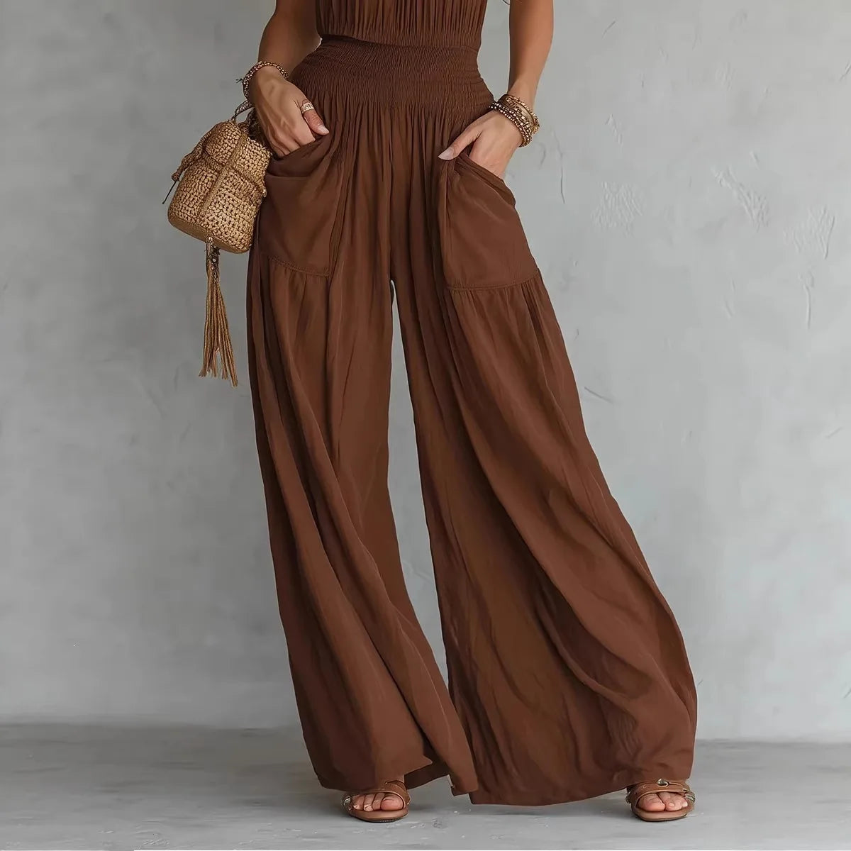 Halter Neck Solid Color Smocked High Waist Wide Leg Pockets Jumpsuit for Women