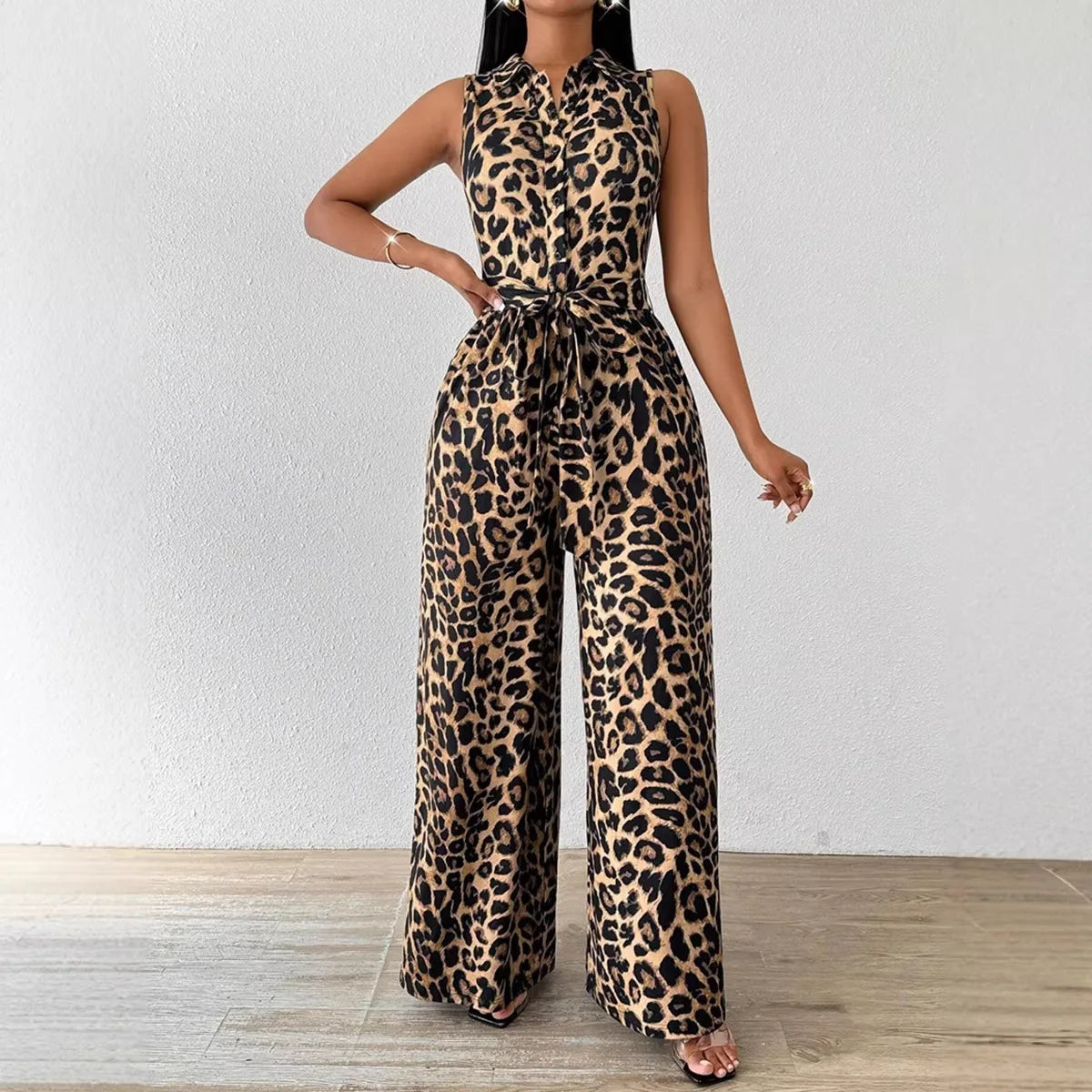 Sleeveless Leopard Print Ankle Length Jumpsuit for Women