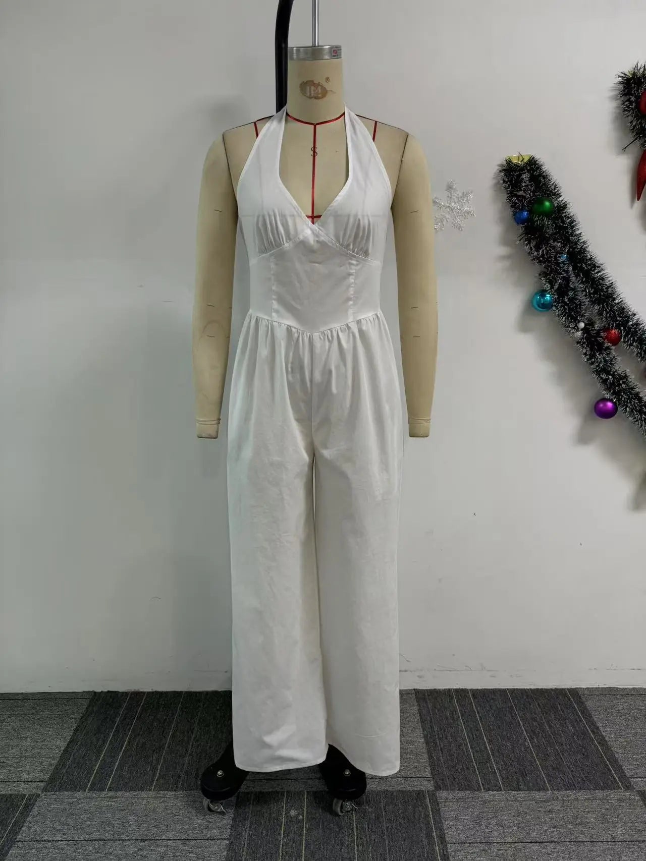 Elegant V-Neck Halter Solid Wide-Leg Jumpsuit for Women