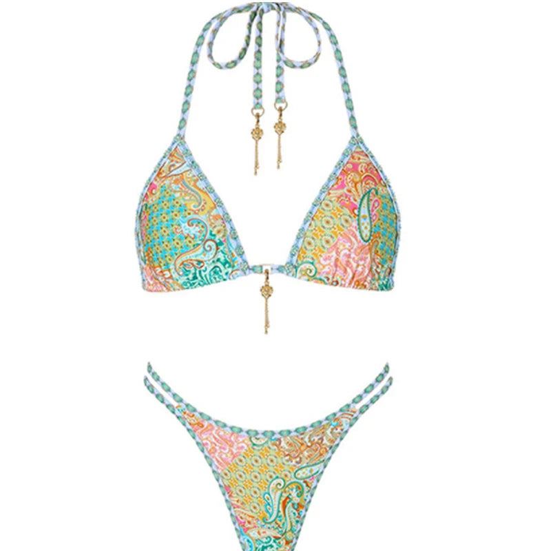 2025 Summer New Printed Slim Bikini Three Piece Set Vacation Casual Long Sleeve Beach Swimsuit Sexy Hollow Tie Up Split Swimwear