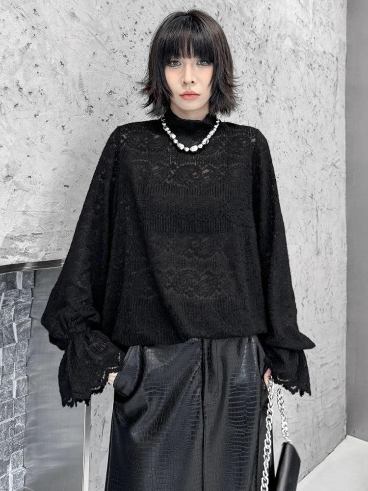 [EAM] Women Black Lace Thin Big Size Elegant T-shirt New Turtleneck Long Flare Sleeve Fashion Tide Spring Autumn 2025 1DH9265