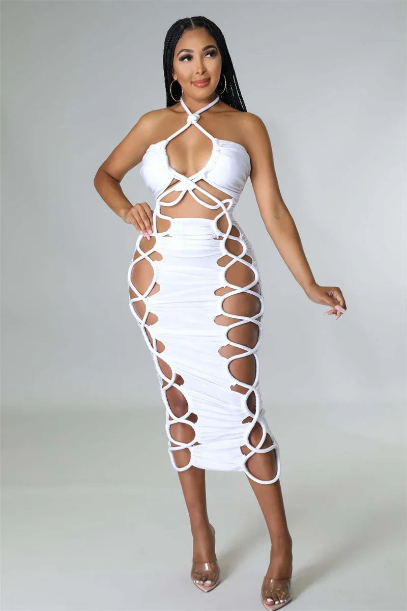 Solid Lace Up Caged Halter Backless Zipper Ruched Midi Dress for Women