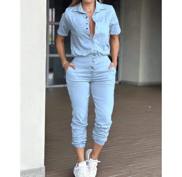 Women's Jumpsuit Summer 2025 Fashion Ankle Tied with A Lapel Pocket and Elastic Buttons At The Waist Short Sleeved Bodysuit Pant