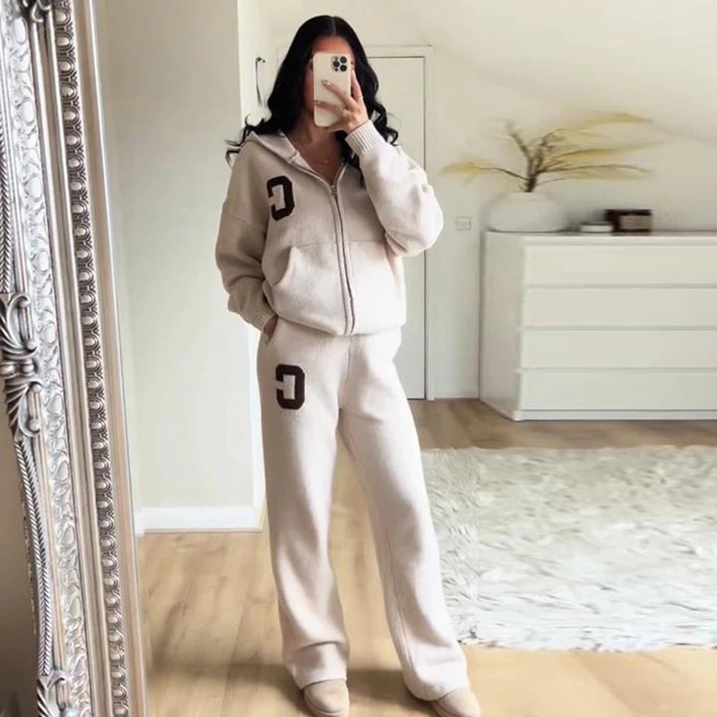 Letter Print Hooded Two Piece Set With Wide Leg Pants for Women