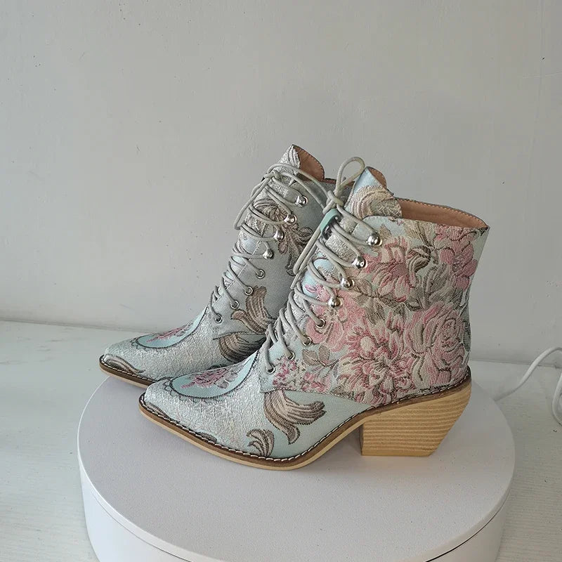 Blue Embroidered Flower Chinese Style Ankle Boots For Women
