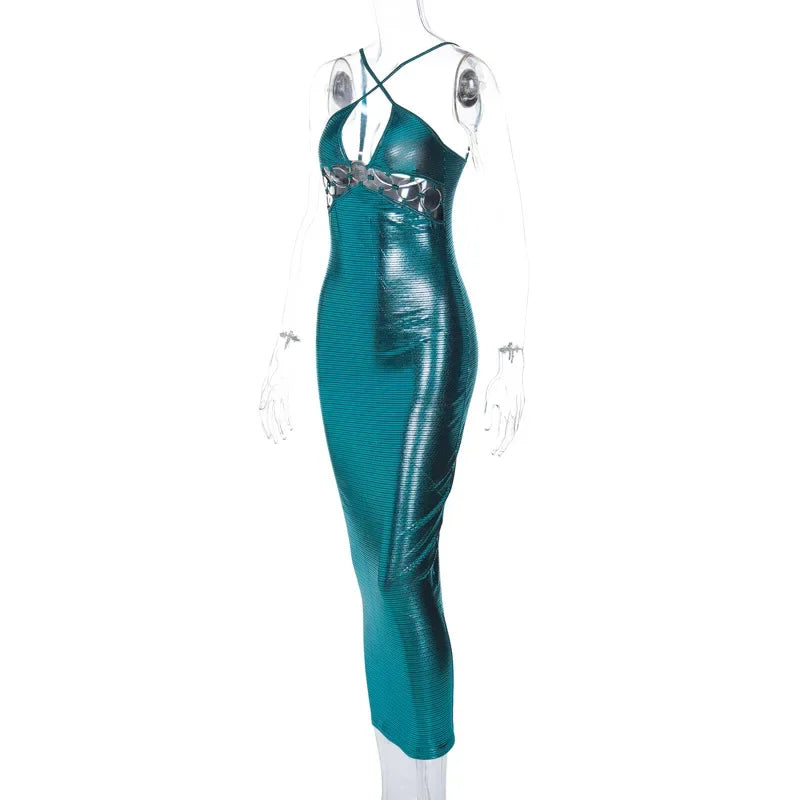 Metal Circle Hollow-Out Spaghetti Strap Backless Maxi Dress for Women