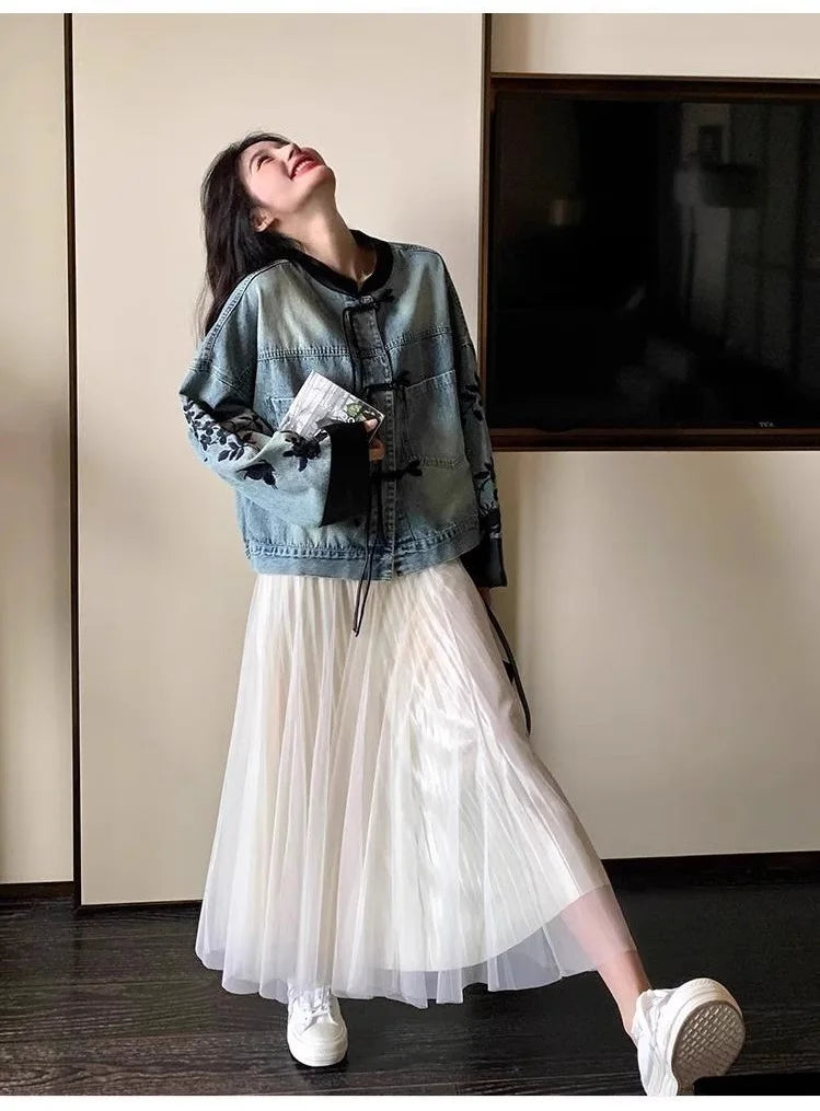 Plus Size Embroidered Denim Jacket