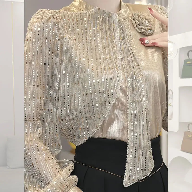 Chiffon Loose Small Stand Up Collar Bow Blouse for Women