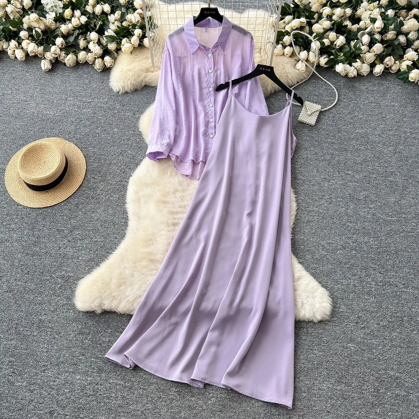 Elegant Long Sleeve Turn Down Collar Solid Color Two Piece Set for Women