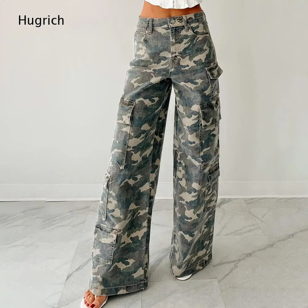 High Waist Camouflage Wide Leg Cargo Pants for Women