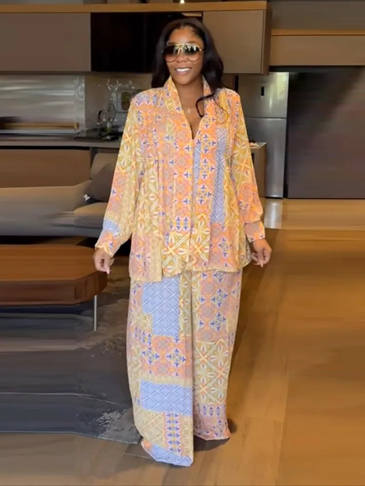 Casual Print Long Sleeve V-Neck Top Wide-Leg Trousers Two-Piece Set for Women