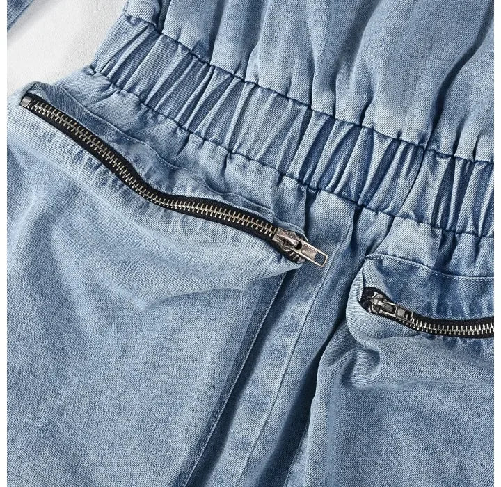 Denim Jumpsuit Womens Clothing Pocket Sexy  Chest Hugging Elastic Waist Long Sleeves Conjoined Body Shorts for Female Streetwear