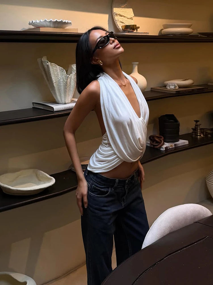 Ruched Irregular Backless Halter Tank Top for Women