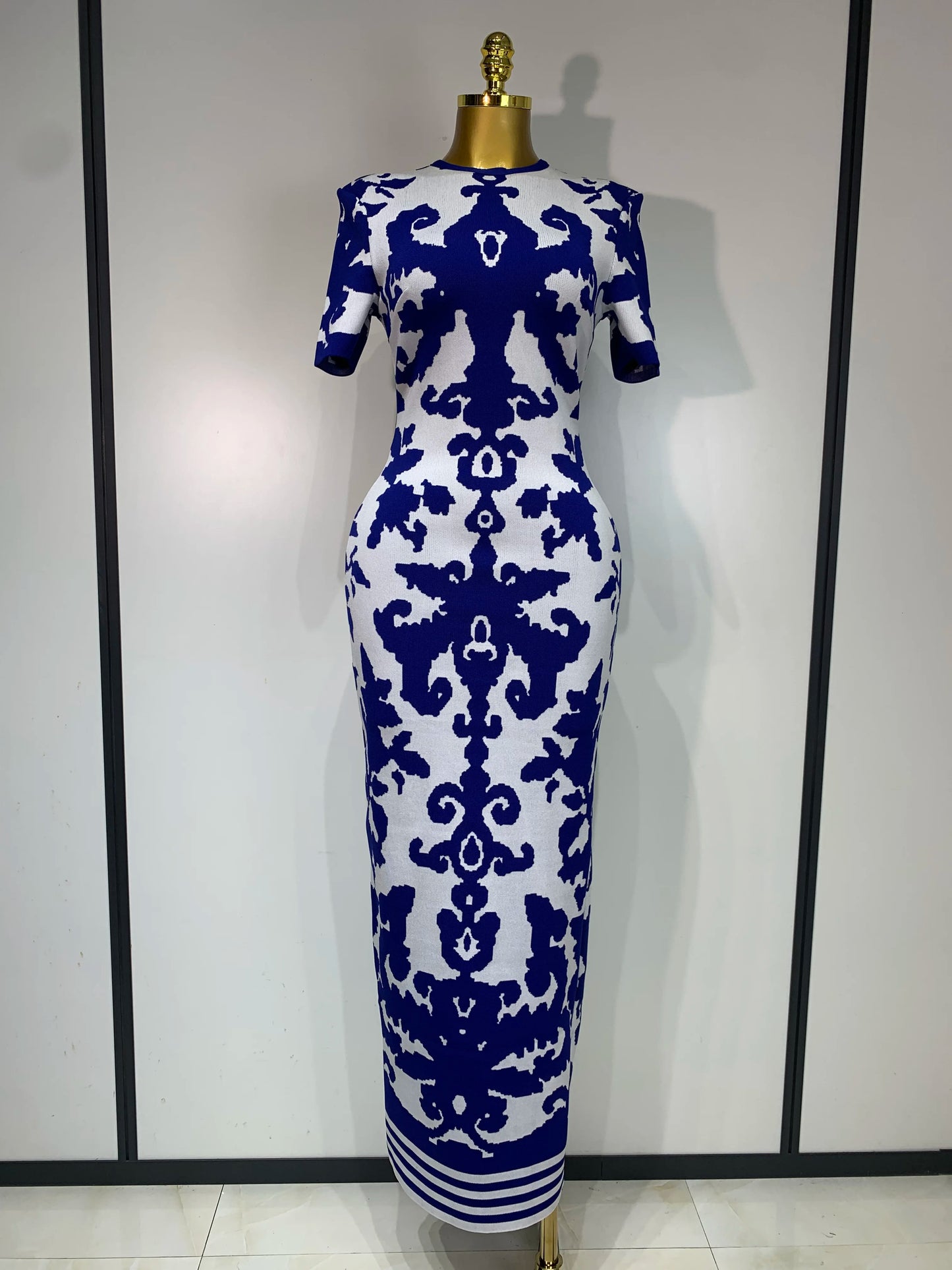 Women Sexy Short Sleeve Jacquard Blue Maxi Long Bodycon Bandage Dress 2025 Celebrity Elegant Evening Club Party Luxury Dresses
