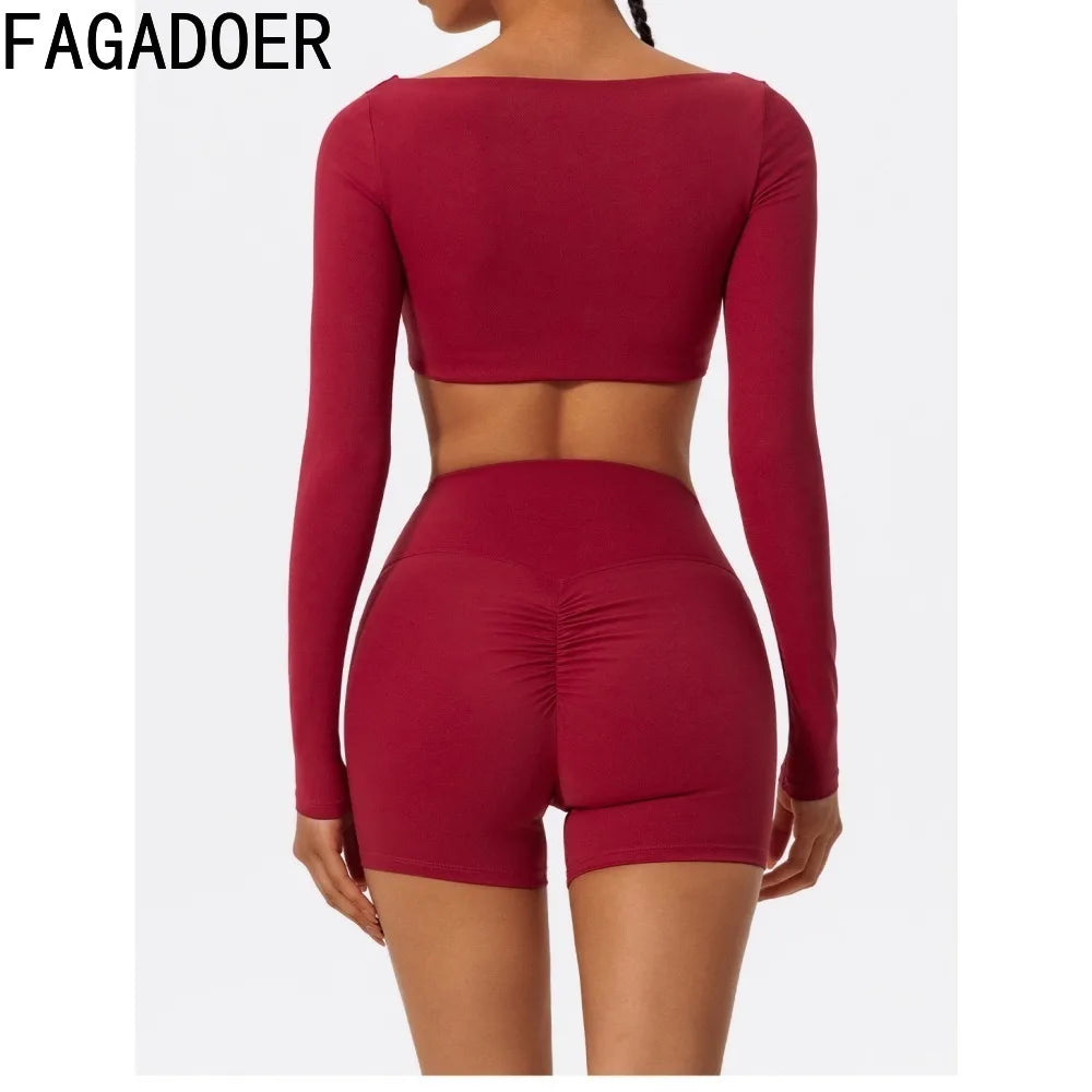 Sporty Solid U-Neck Crop Top and Shorts Two-Piece Set for Women