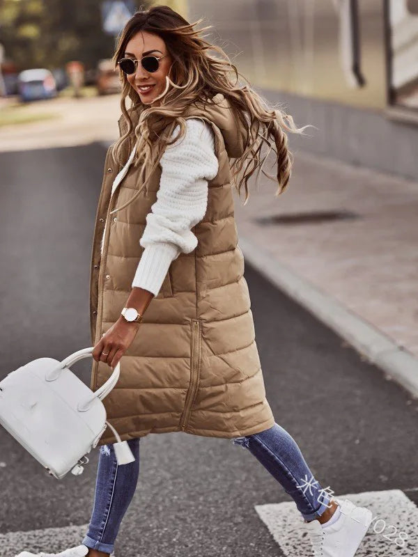 Warm Hooded Longline Sleeveless Vest Coat for Women