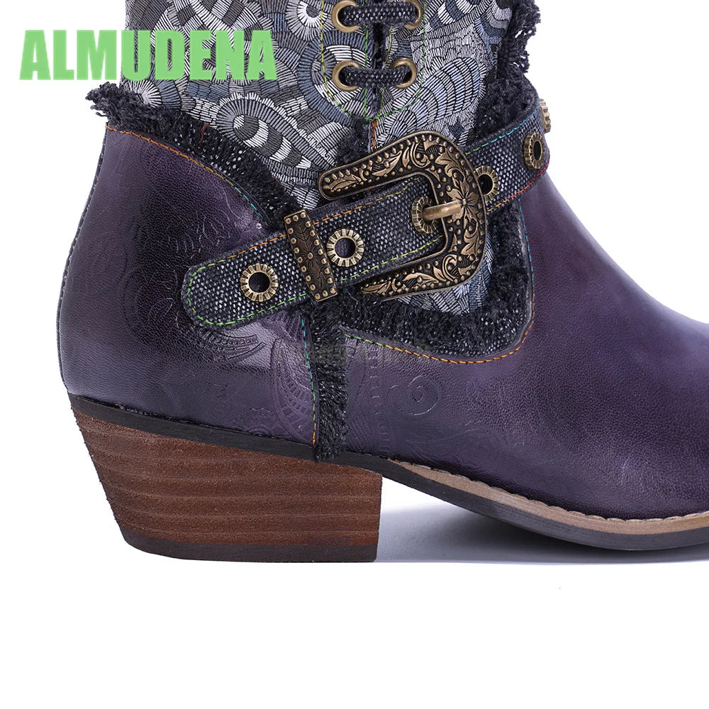 Vintage Western Short Boots With Square Heel And Belt Buckle For Women