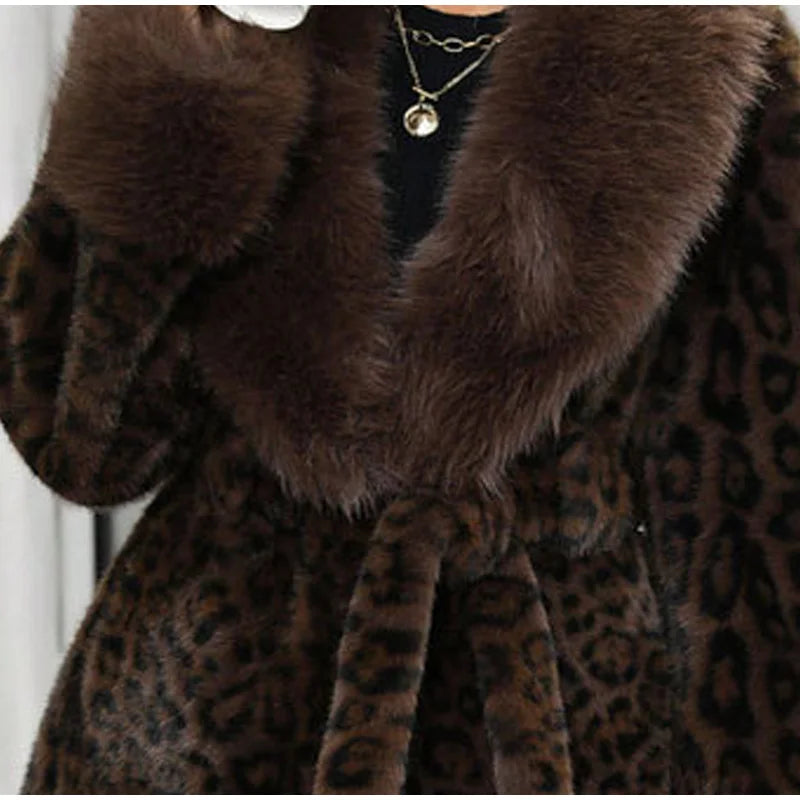 Leopard Print Faux Fur Patchwork Winter Overcoat for Women
