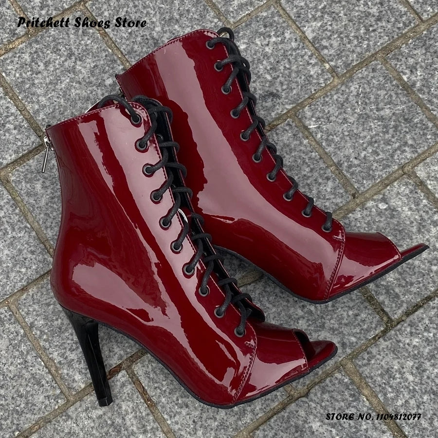 White Lace Up Heeled Open Toe Ankle Boots for Women