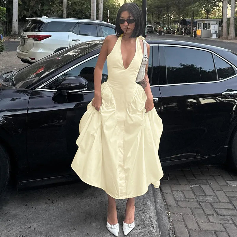 Elegant Halter V Neck Backless Maxi Dress For Women