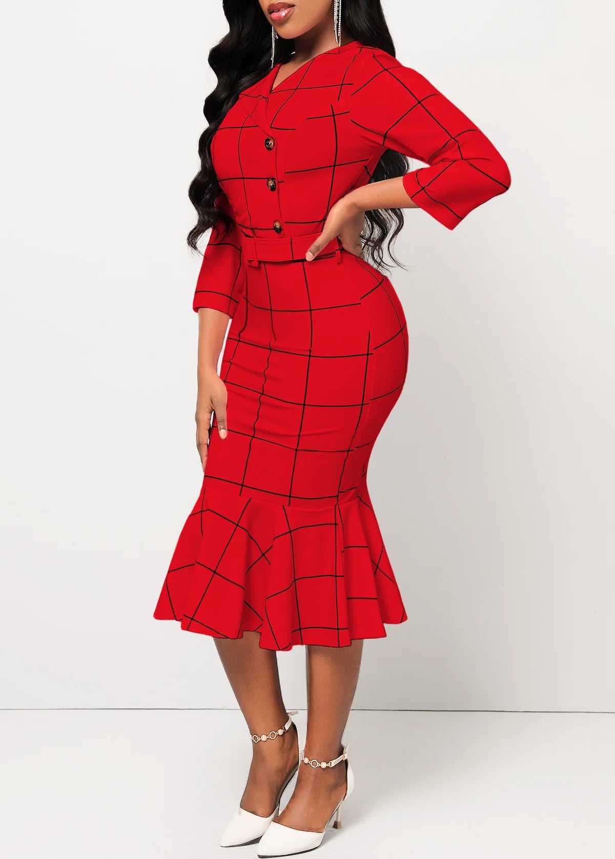 Sexy fashion solid color seven-quarter sleeve small V-neck women's dress SMR12189
