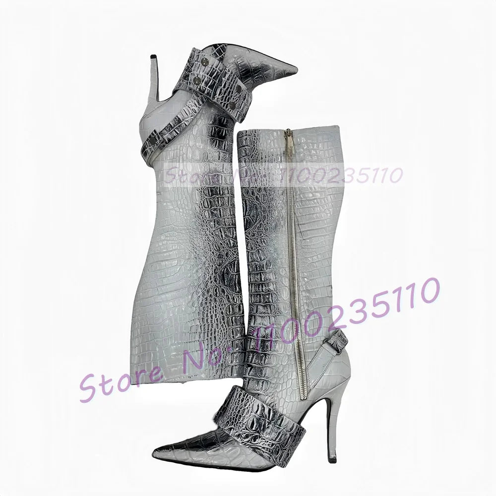 Black And White Gradient Pointy Toe Knee High Boots For Women