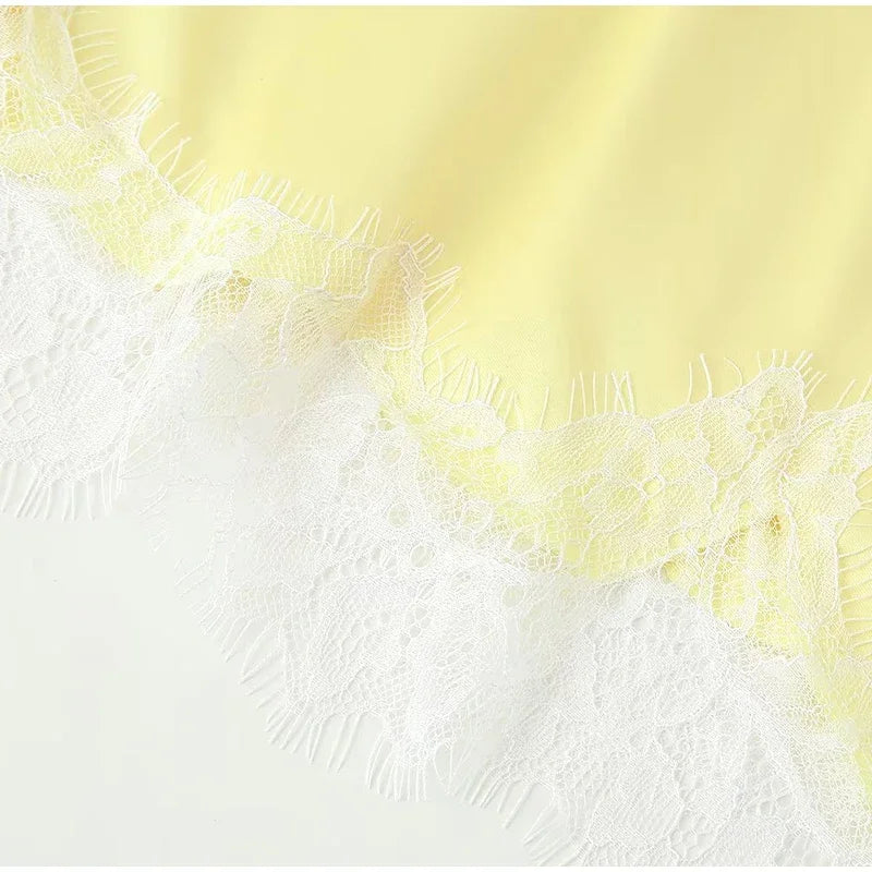 Brown Satin Lace Splicing Sling Dress Women Elegant Irregular Hem V Neck Backless Sleeveless Gown Chic Women Party Club Vestidos