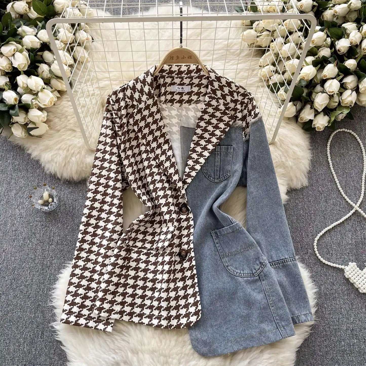 ANJY Autumn New Women Vintage Streetwear Ins Stylish Denim Patchwork Single Breasted Coat Casual Elegant Asymmetric Blazer A8421