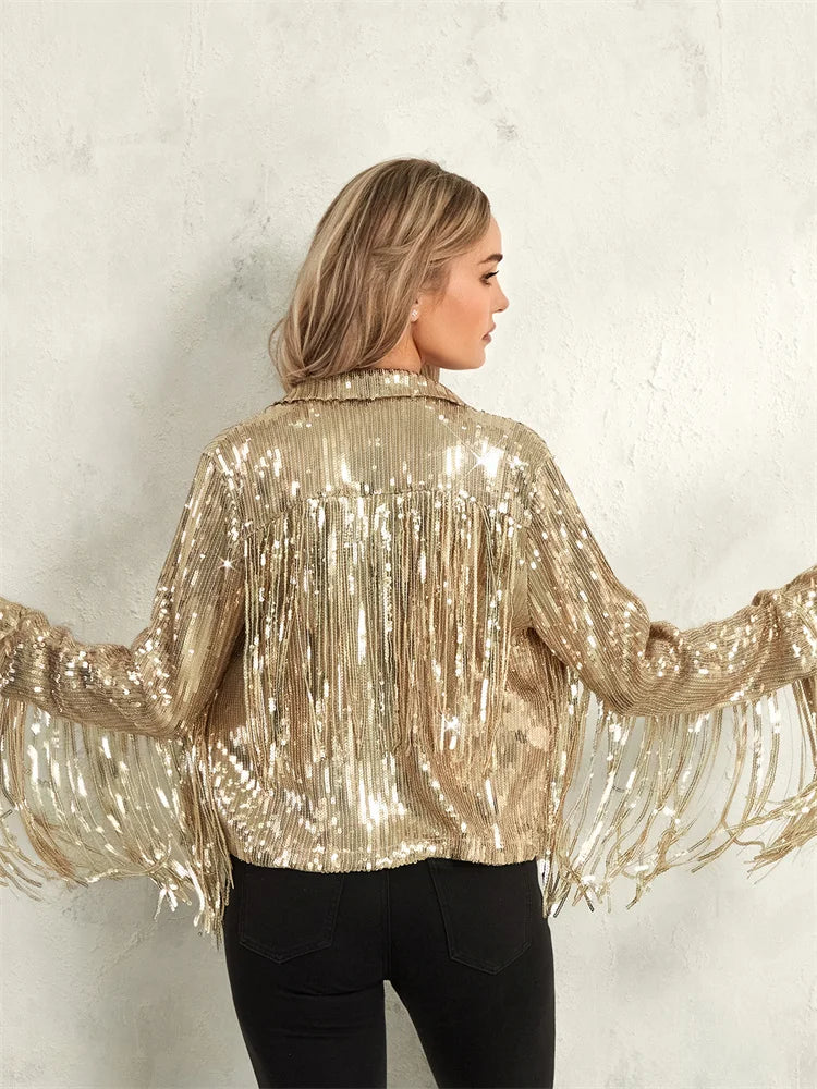 Glam Eighties Inspired Sequin Tassel Lapel Open Front Jacket for Women