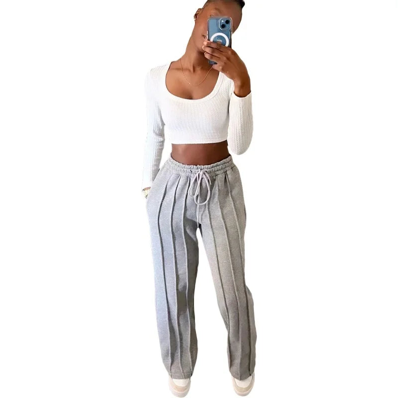 Striped Ribbon Straight Leg Jogger Pants for Women