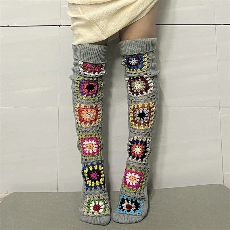 Ethnic Crochet Knit Autumn Winter Thigh High Socks for Women