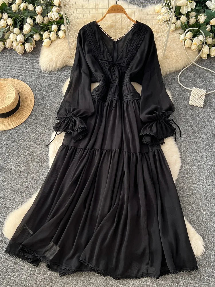 Elegant French V-Neck Waist-Cinching Maxi Dress for Women