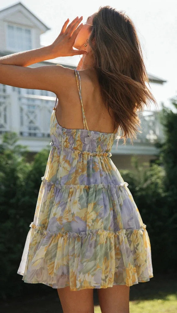 Vintage Print Chiffon Backless Summer Midi Dress For Women