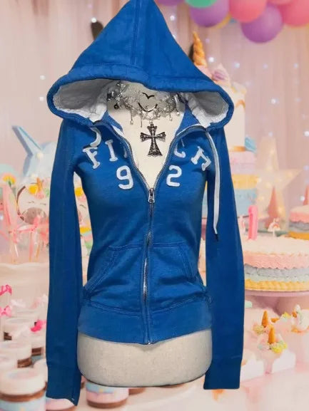 American vintage blue sweatshirt casual Y2K slim-fitting cardigan jacket for women Gothic style street wear for autumn winter