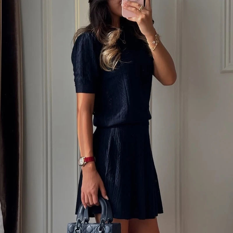 Elegant Hollow Out Two Piece Mini Skirt Set for Women