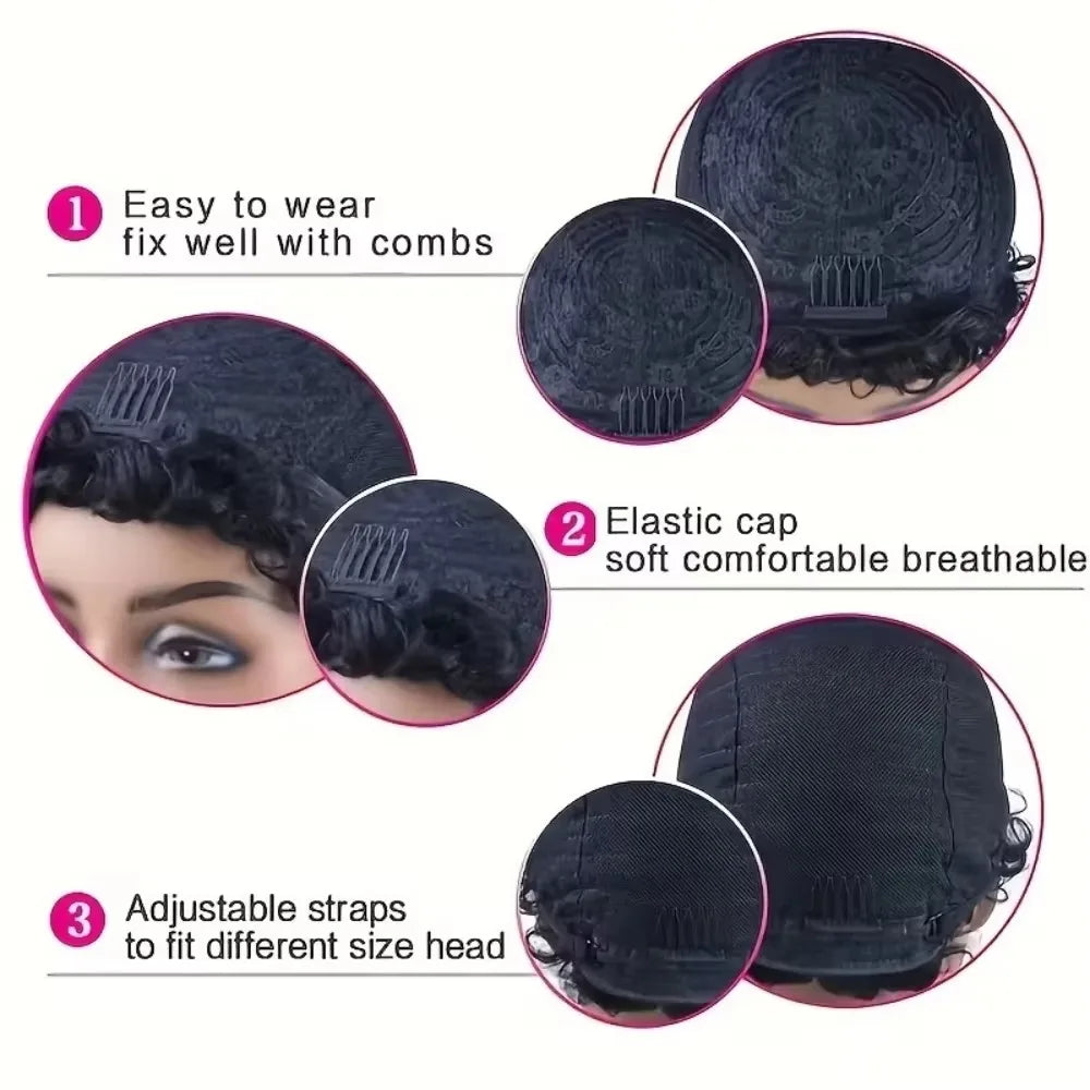 Short Curly Layered Pixie Cut Human Hair Wig for Women