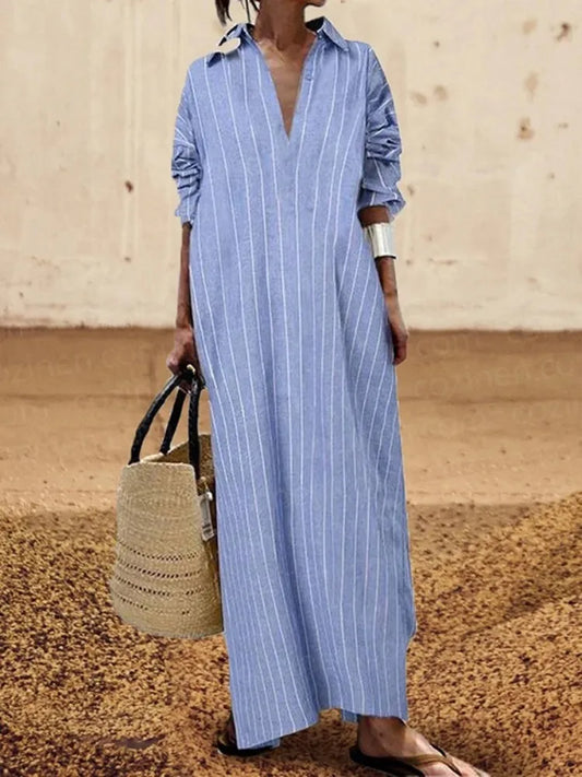 Women's summer New V-neck Fashionable Button Striped Round Neck Long Sleeved Simple Loose Long Sleeved Pullover Dress