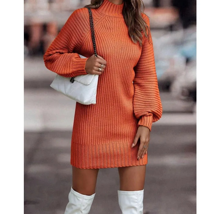 White Knit Lantern Sleeve Dress