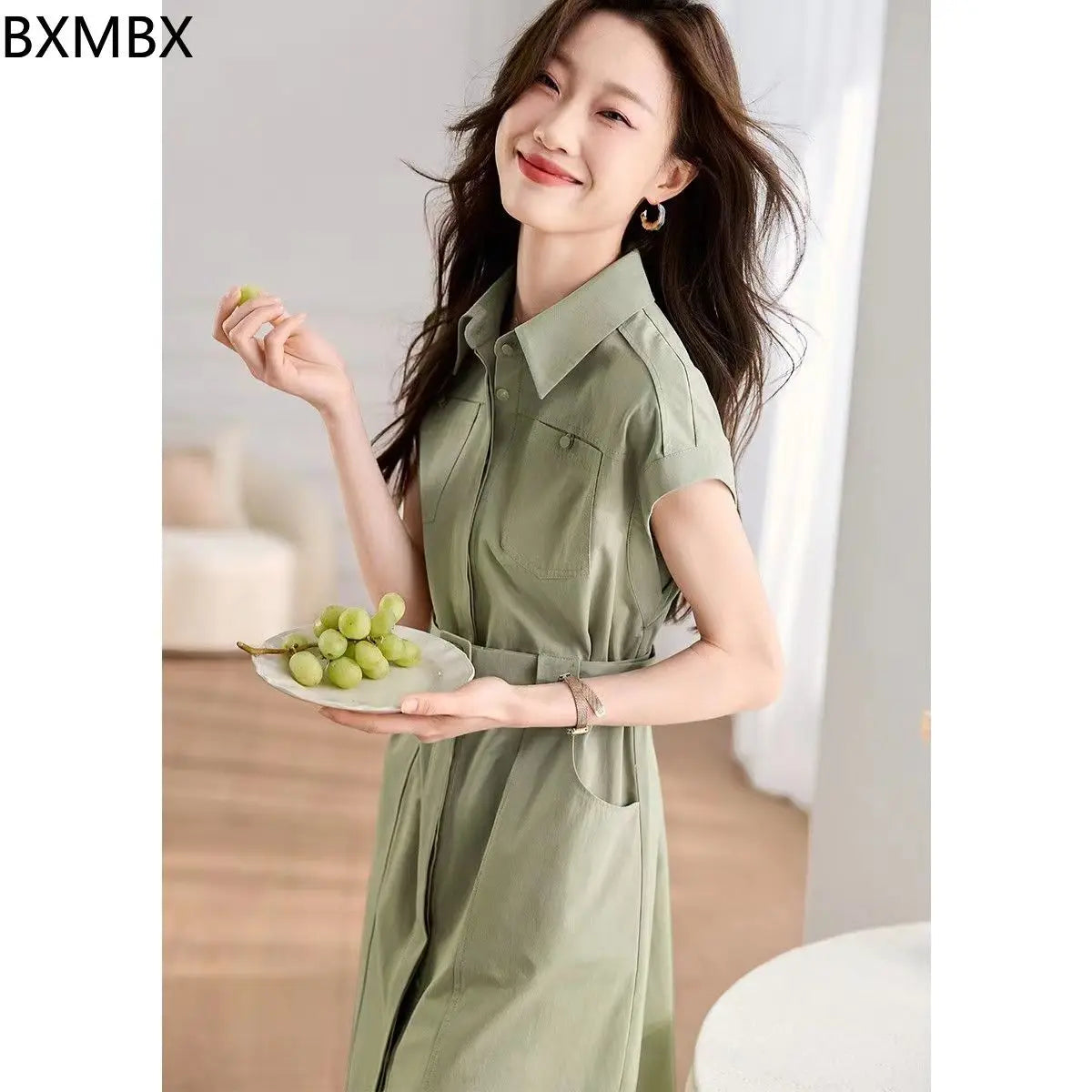 Single Breasted Green Midi Skirt With Pockets For Women