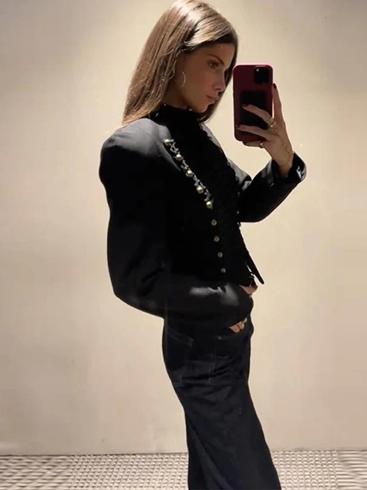 Chic Shoulder Padded Stand Collar Full Sleeve Blazer for Women