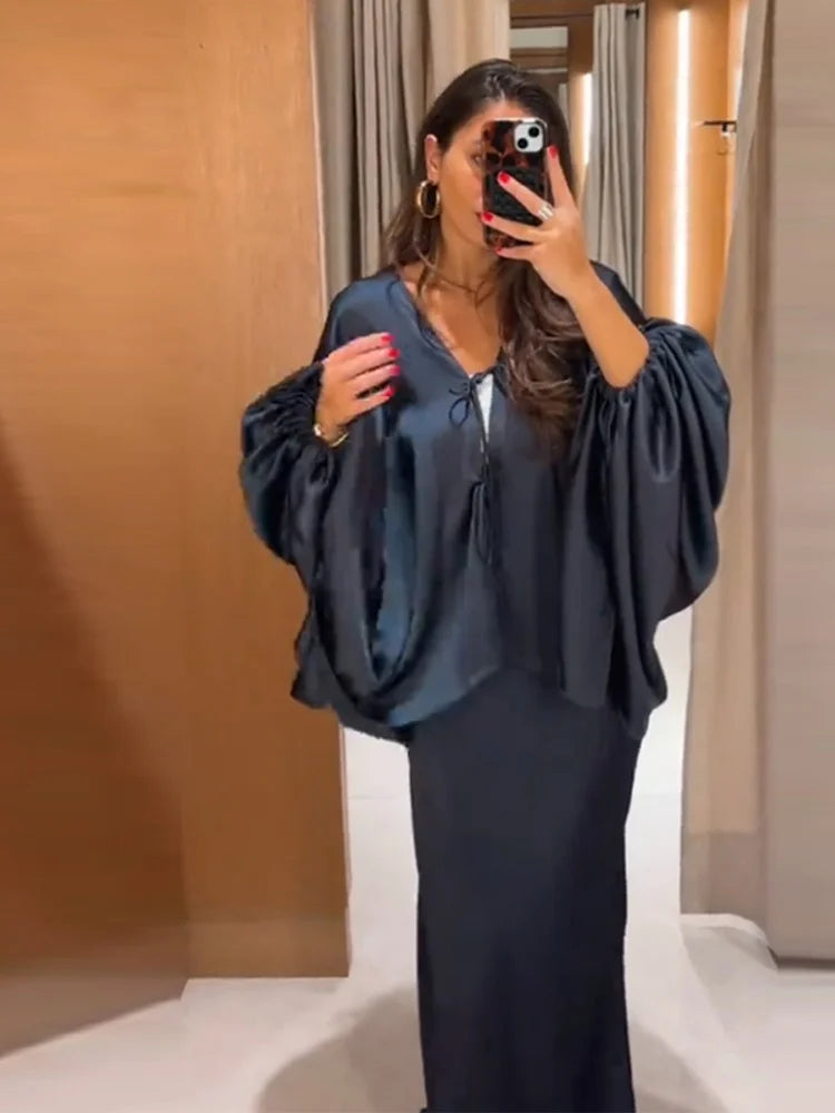Casual Solid Batwing Sleeve Shirt Skirt Set for Women