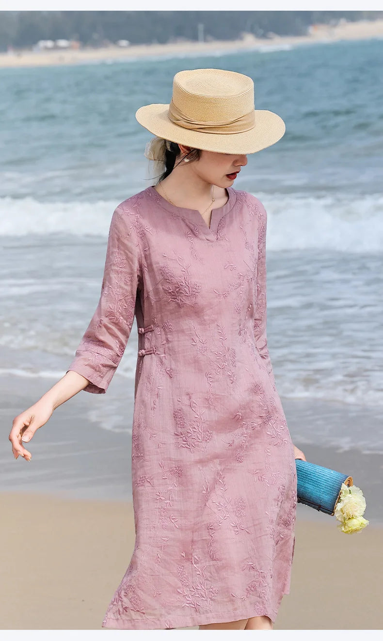 Elegant Embroidered Ramie Linen Knee Length Dress for Women